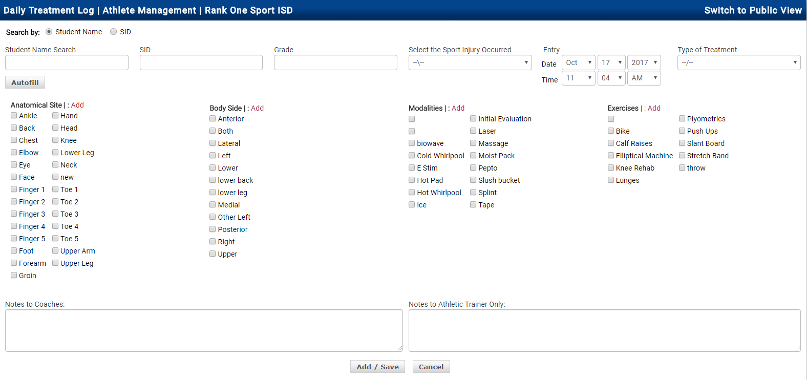Athlete Management dropdown with Daily Treatment Log highlighted