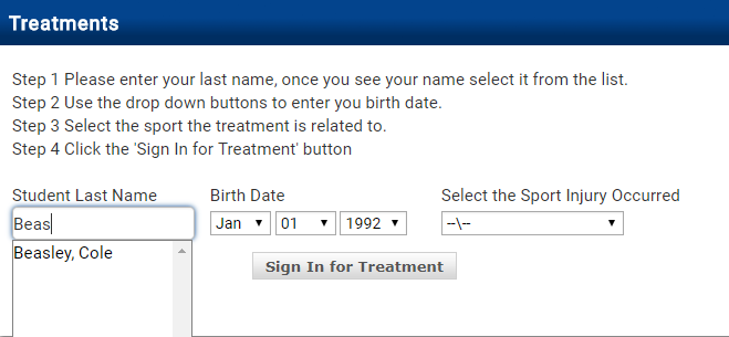 Treatment sign-in form showing Student ID entry and sport dropdown