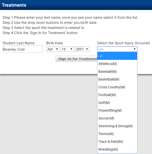 Treatment form showing last name search with student dropdown