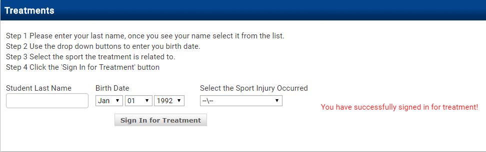 Treatment form with date of birth and sport selection