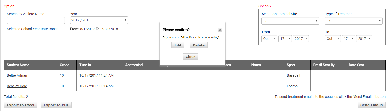 Daily Treatment Log showing student entries with Edit and Delete options