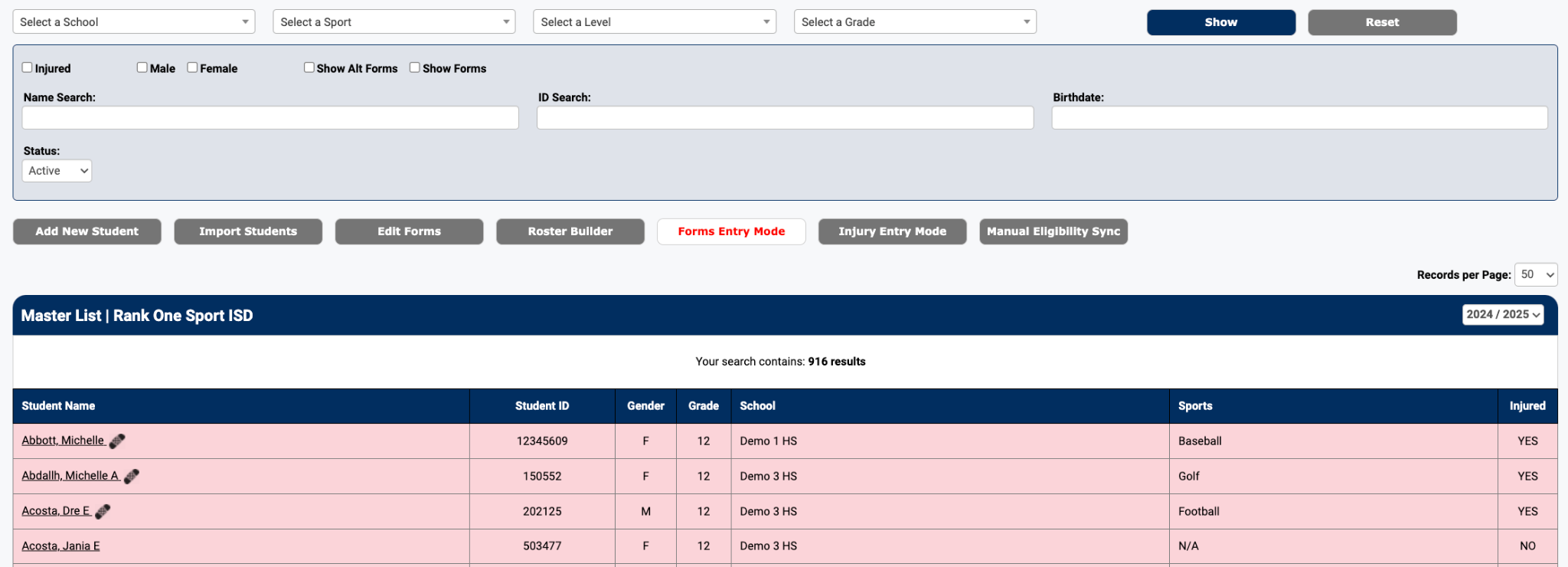 Master List showing student search results