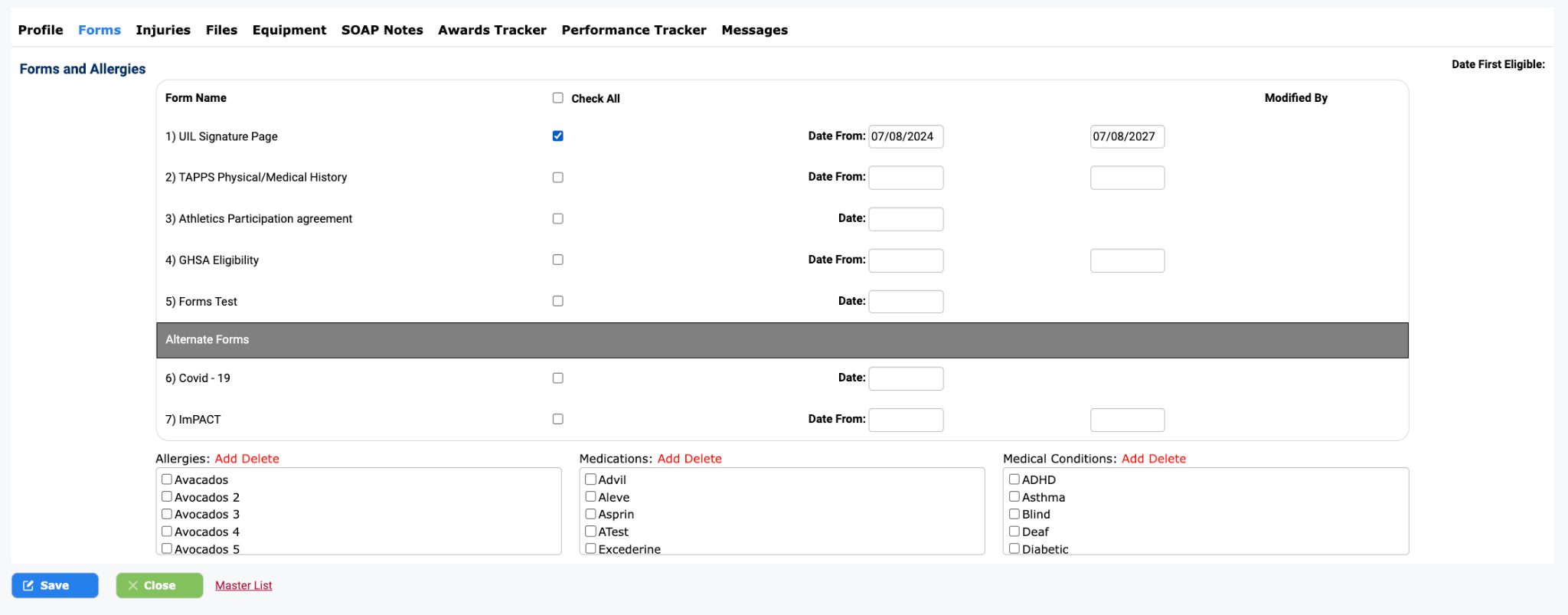 Student Forms tab with checkboxes and Save button