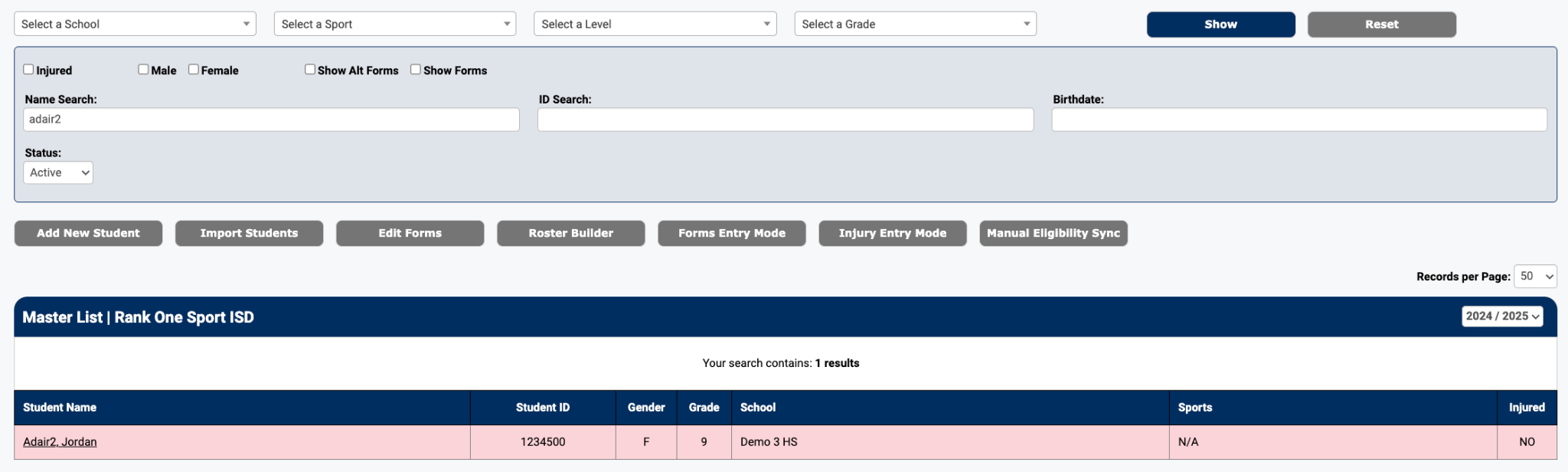 Student search results on the Master List
