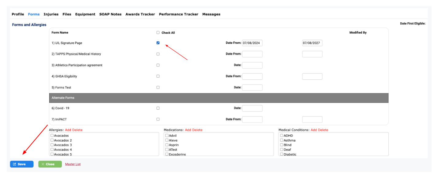 Student forms page with checkbox and Save button