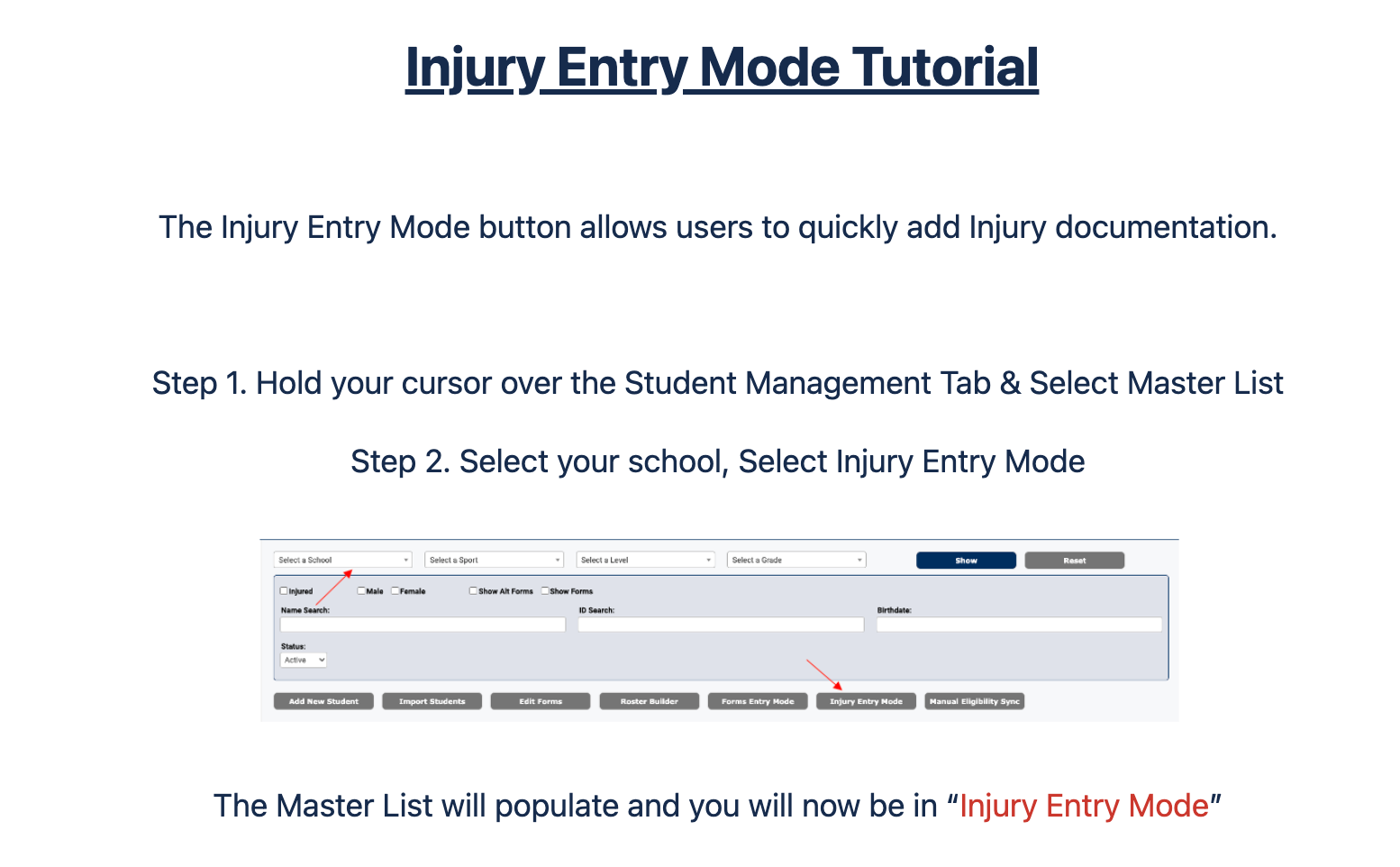 Master List showing the Injury Entry Mode button