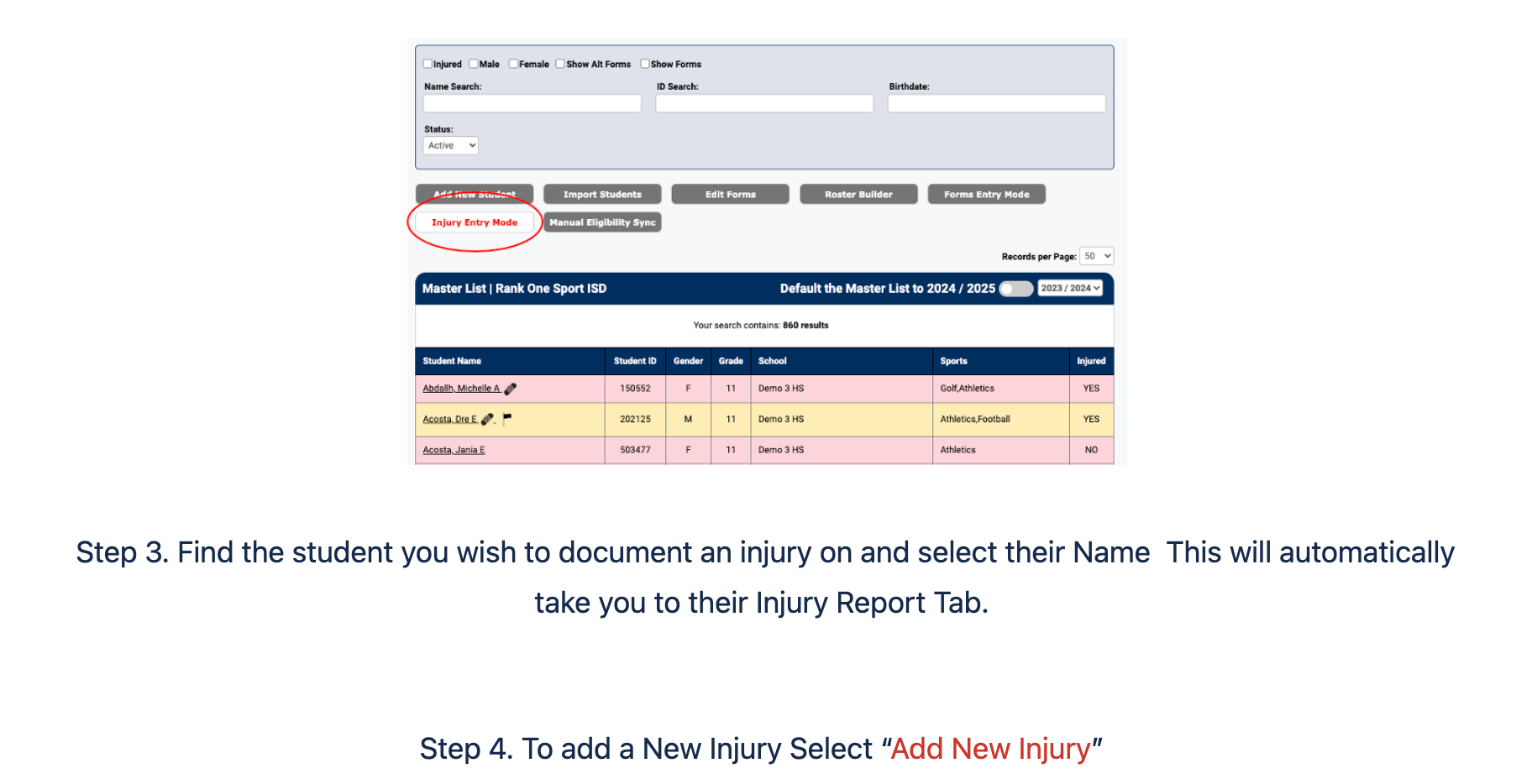 Master List in Injury Entry Mode with student list displayed