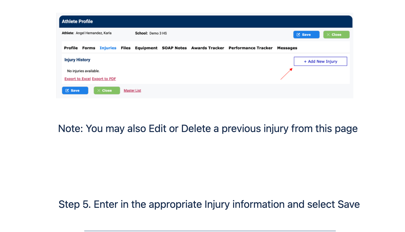 Student Athlete Profile showing the Injuries tab with Add New Injury button