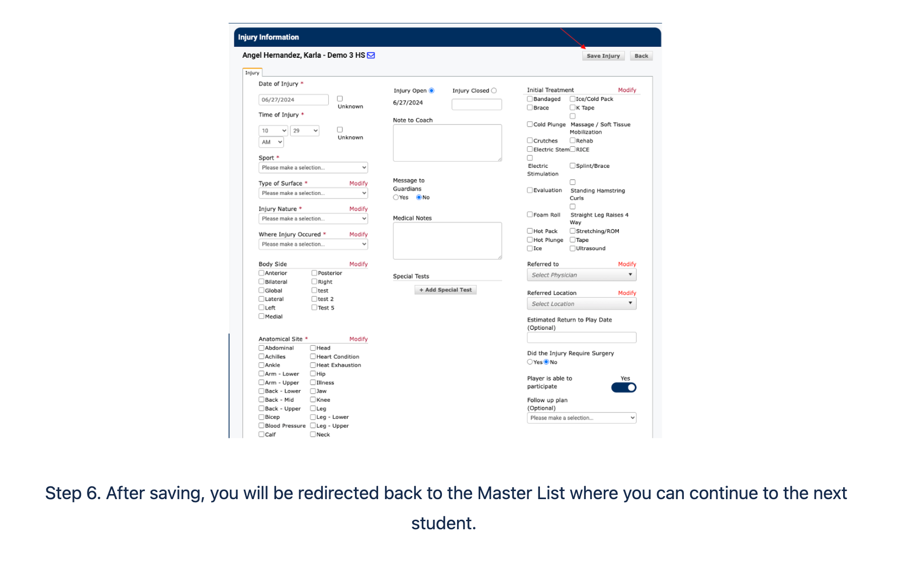Injury Information form with all available fields