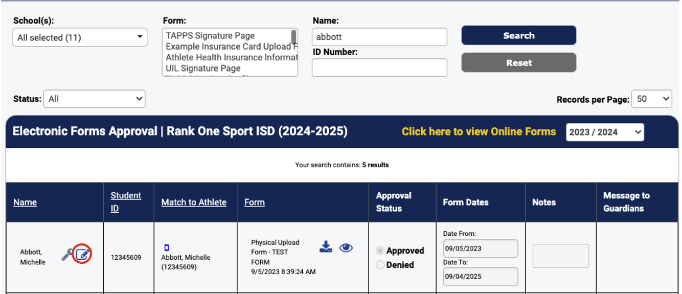 Electronic Forms Approval page showing student form entries with edit controls