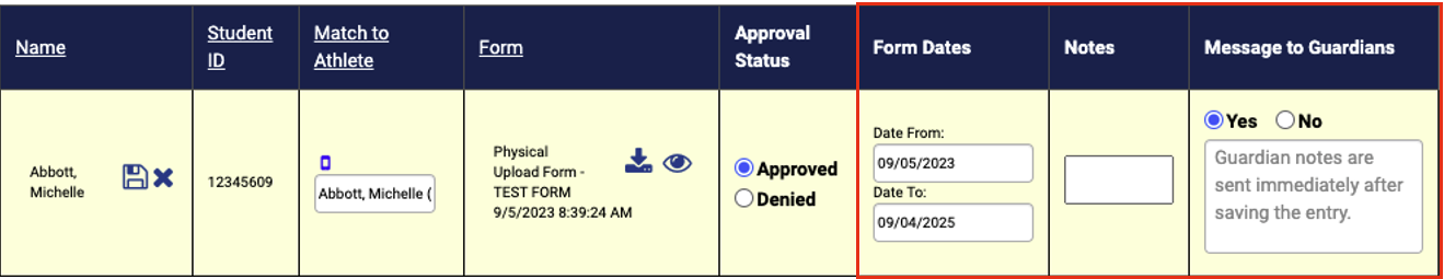 Form approval row showing Approved status selected with Message to Guardians option