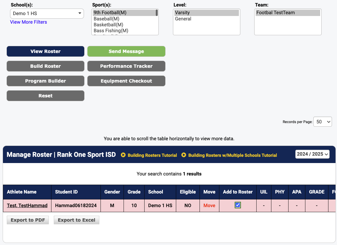 Roster view with Performance Tracker button highlighted