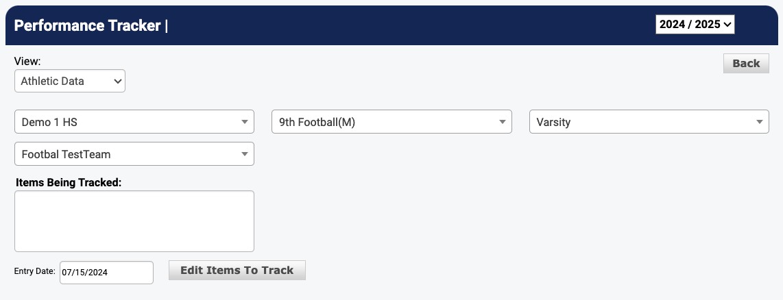 Performance Tracker screen with Edit Items to Track button