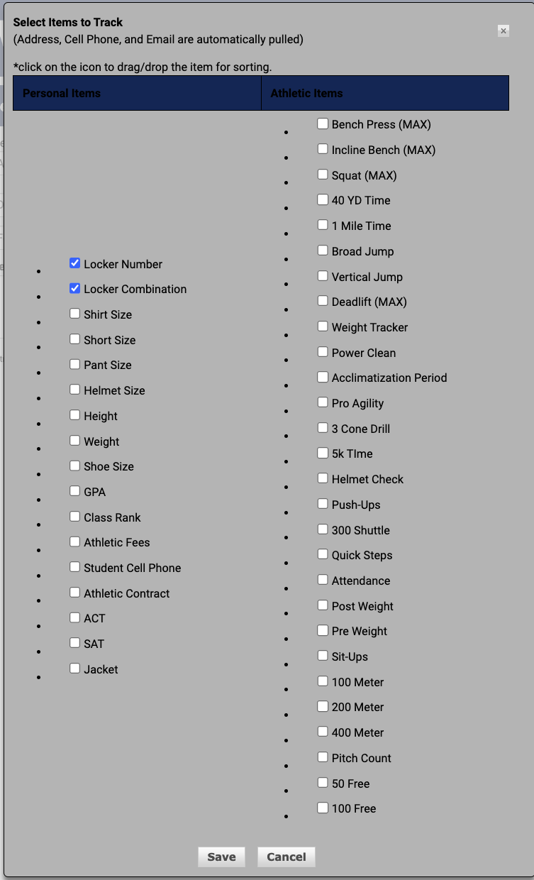Select Items to Track dialog with Personal Items and Athletic Items columns