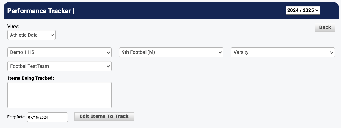 Performance Tracker showing the View dropdown and Items Being Tracked