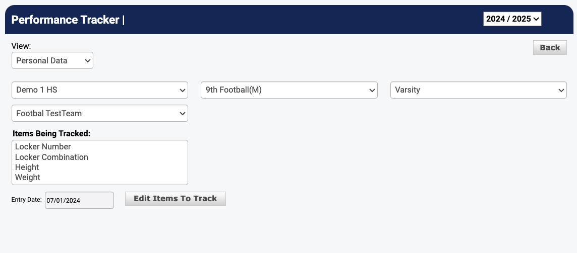 Performance Tracker with Personal Data view showing items and Add New Entry