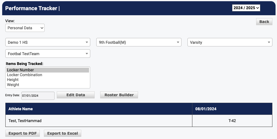 Performance Tracker with Edit Data and Roster Builder buttons, showing athlete data entry