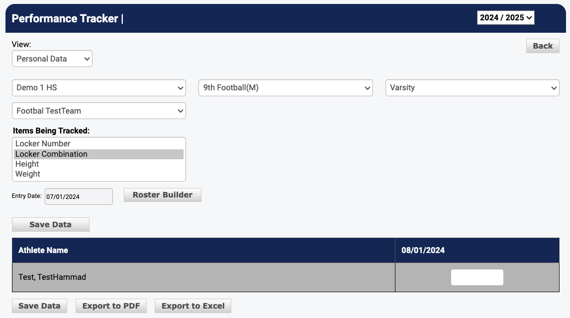 Performance Tracker with Save Data button and athlete entries displayed