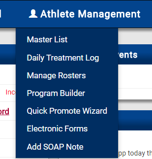 Athlete Management dropdown menu with Manage Rosters highlighted