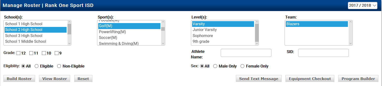 Manage Roster page with School, Sport, Level, and Team filters and View Roster button