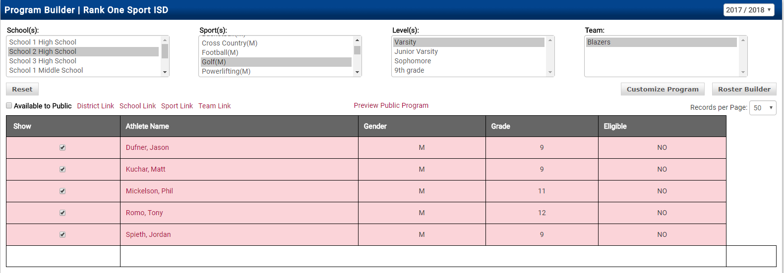 Program Builder page with Customize Program button highlighted