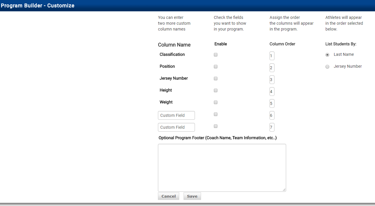 Program Builder Customize screen showing column names with Enable checkboxes and Column Order