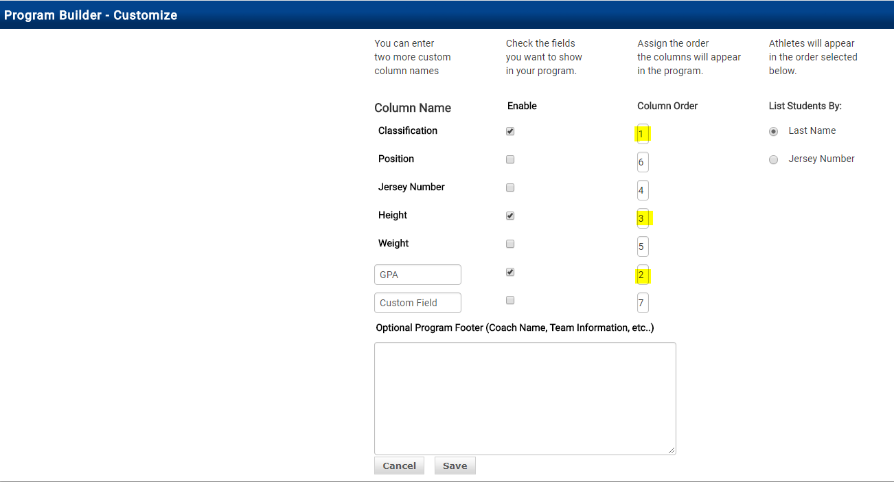 Program Builder Customize screen with Column Order numbers highlighted