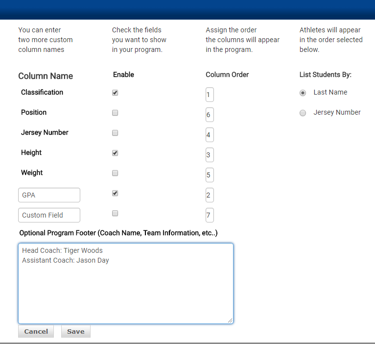 Program Builder Customize screen with Optional Program Footer field highlighted