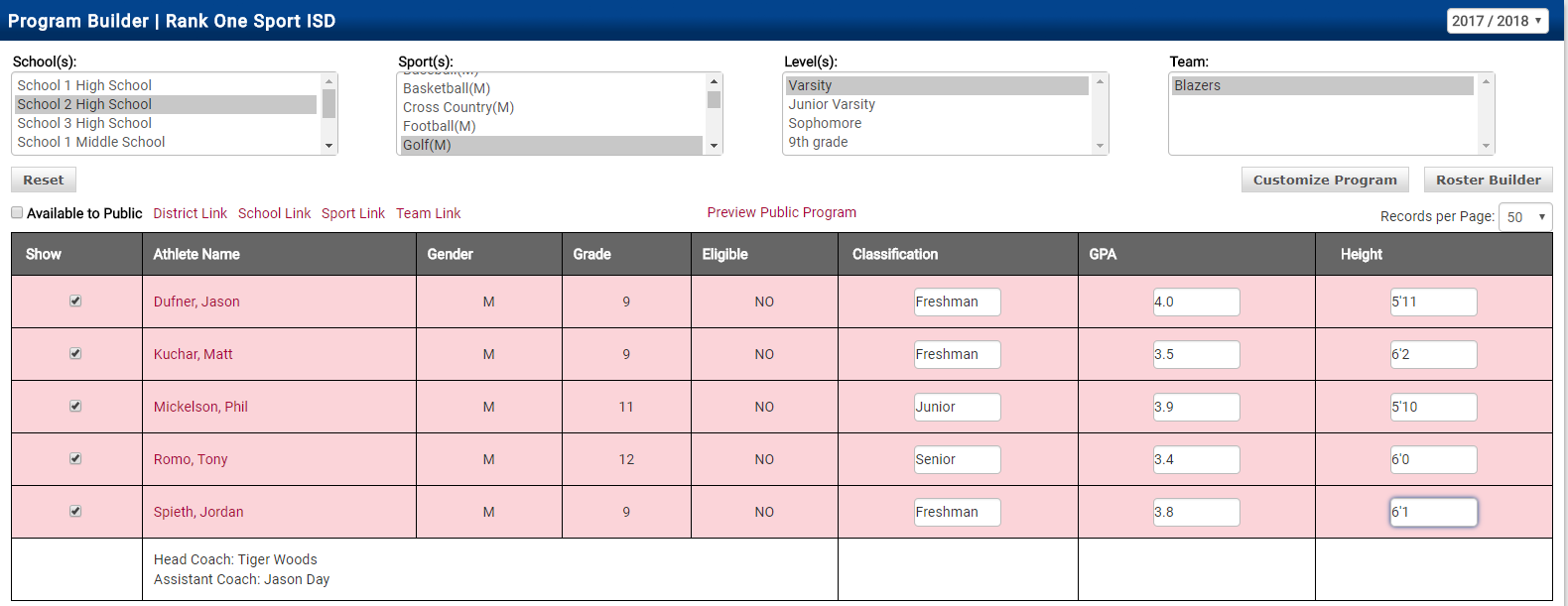 Program Builder with filled data columns showing Classification, GPA, and Height
