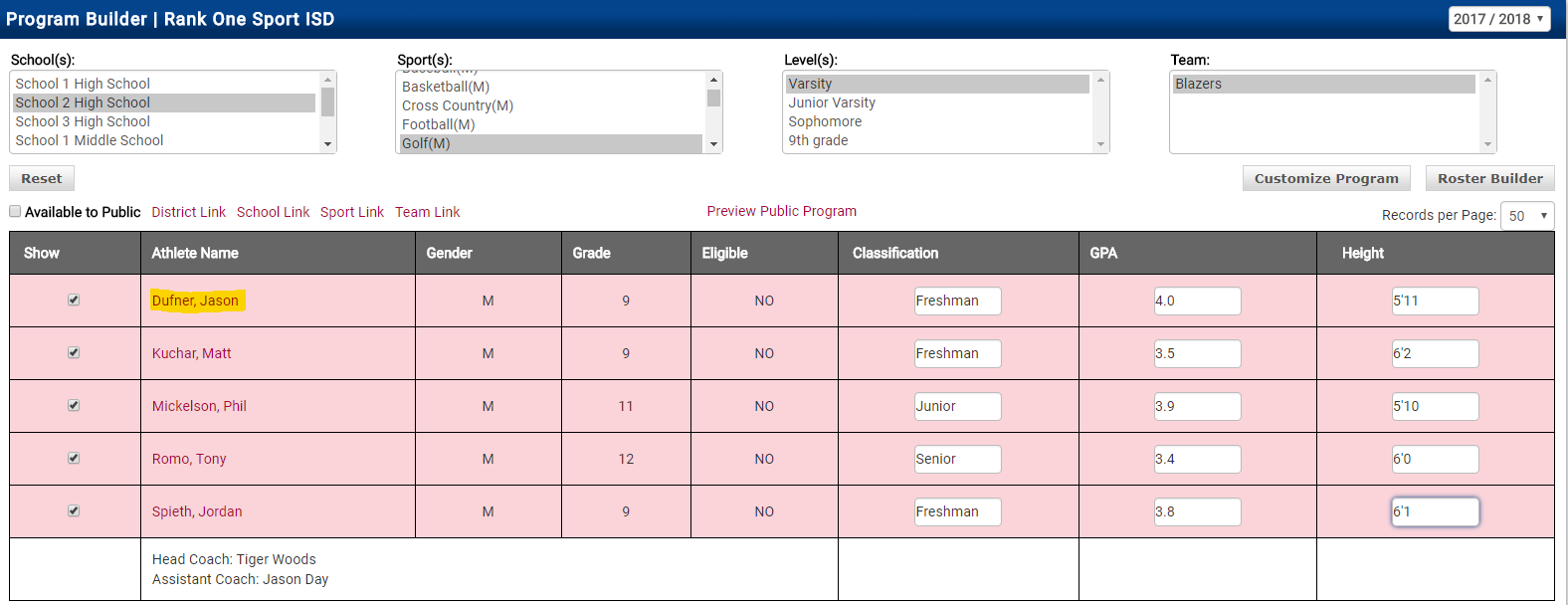 Program Builder showing roster with editable Classification, GPA, and Height columns