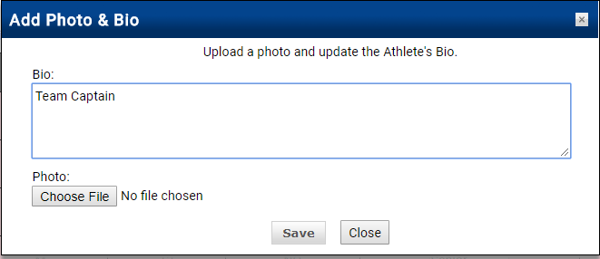 Add Photo and Bio dialog with Bio text field and Choose File button