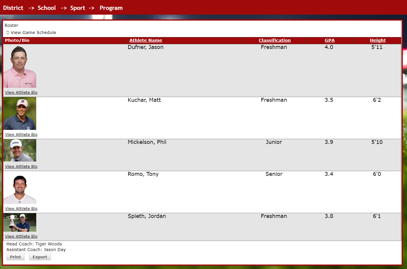 Public program preview showing roster with program details