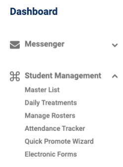 Navigation menu showing Student Management expanded with Manage Rosters option