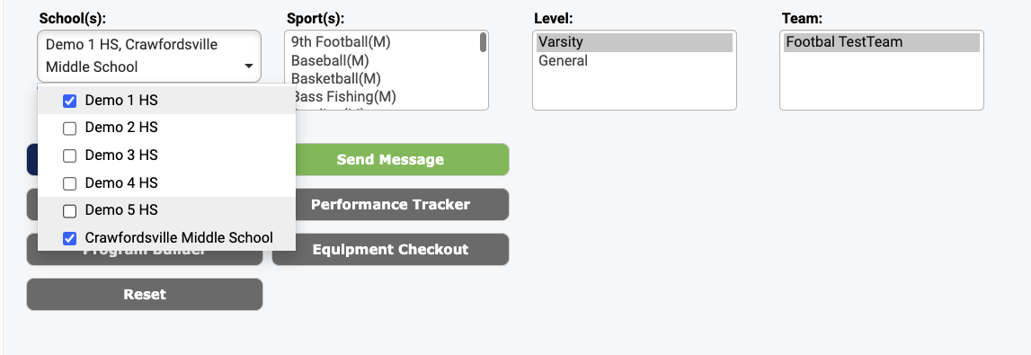 School selector dropdown showing two schools checked: Demo 1 HS and Crawfordsville Middle School