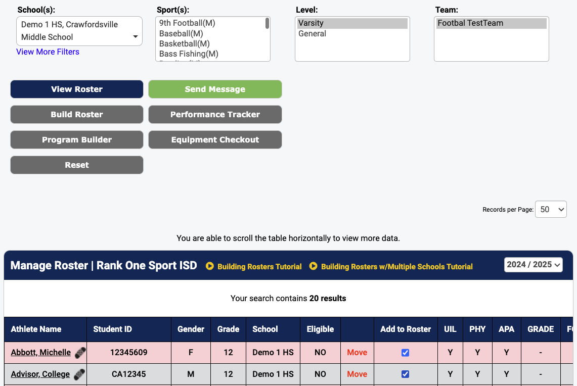 Roster builder showing students from multiple schools with Add to Roster checkboxes