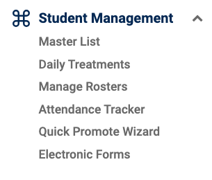 Student Management menu with Master List highlighted