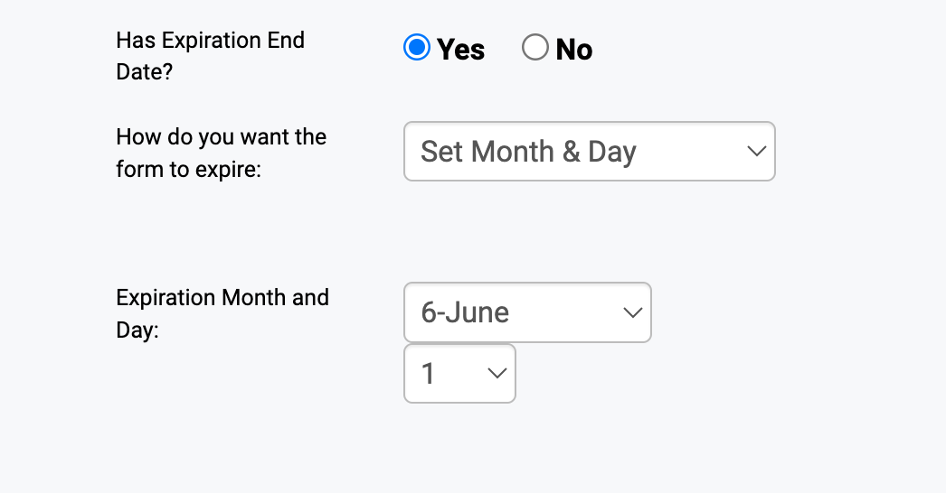 Expiration settings showing Set Month and Day option with June 1 selected