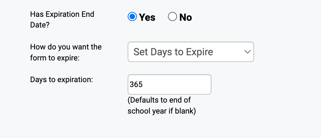 Expiration settings showing Set Days to Expire option with 365 days entered