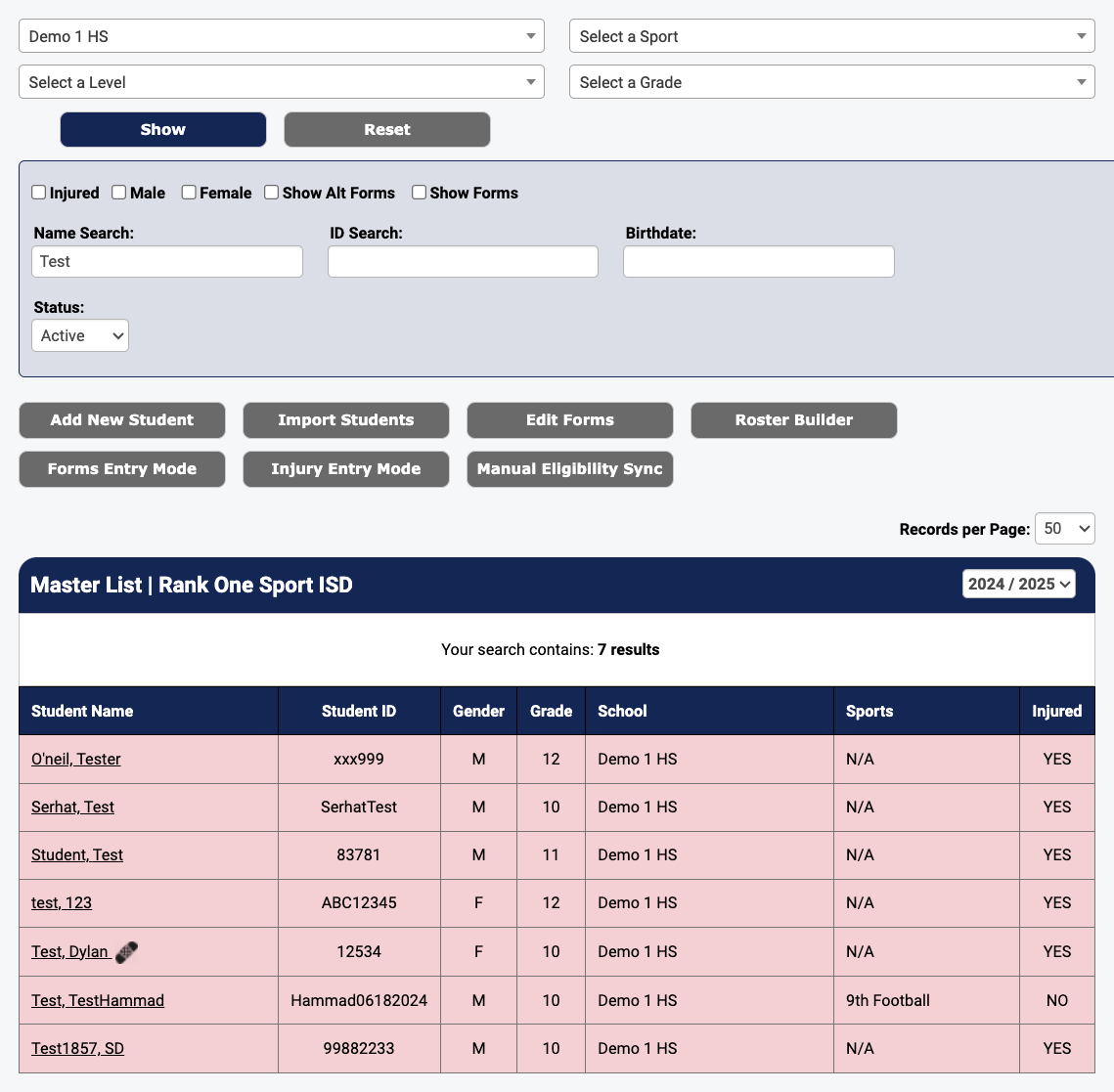 Master List page showing search fields and student results
