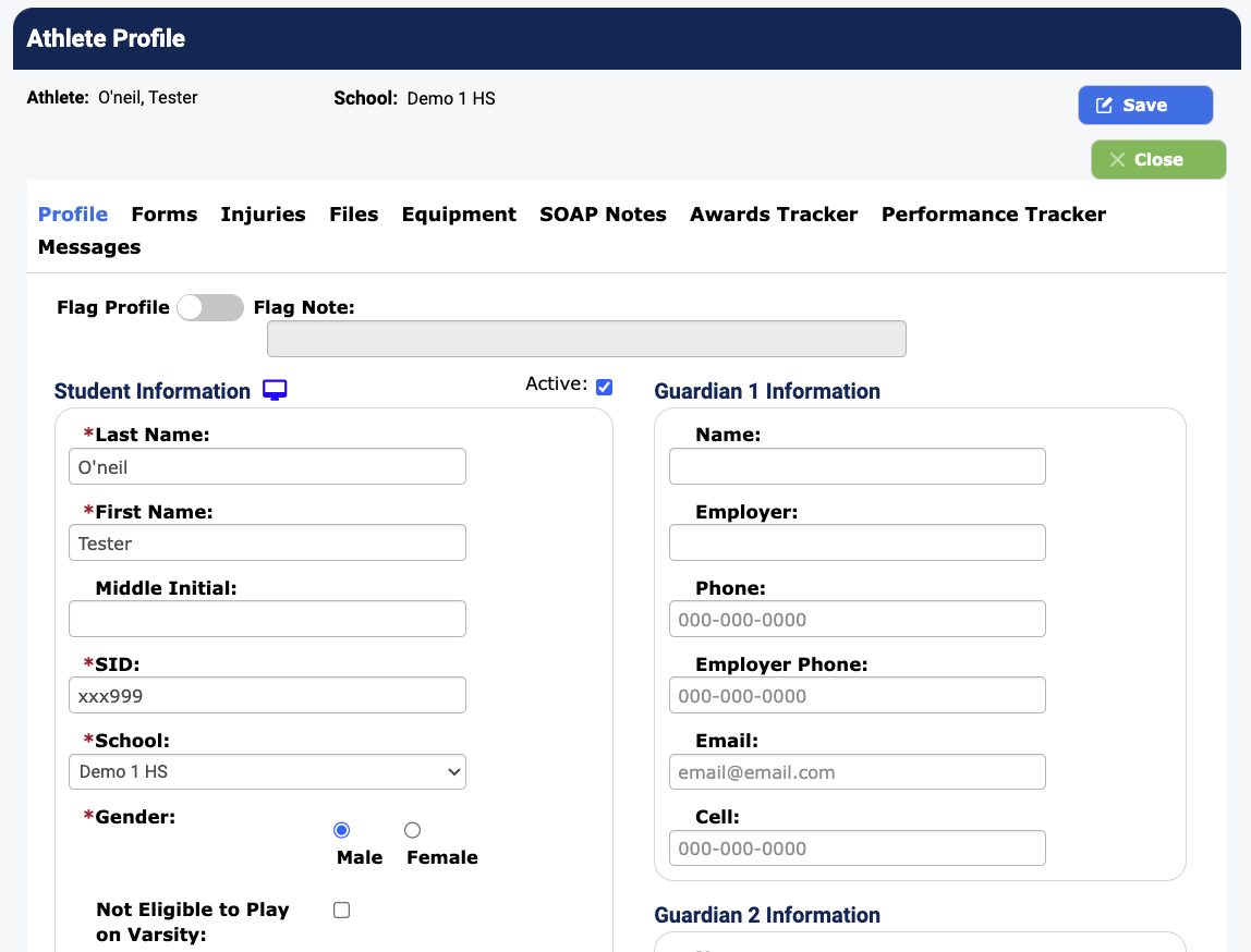 Athlete Profile edit screen with Not Eligible to Play on Varsity checkbox highlighted