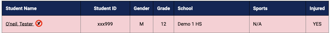 Master List showing the varsity ineligible icon next to a student name