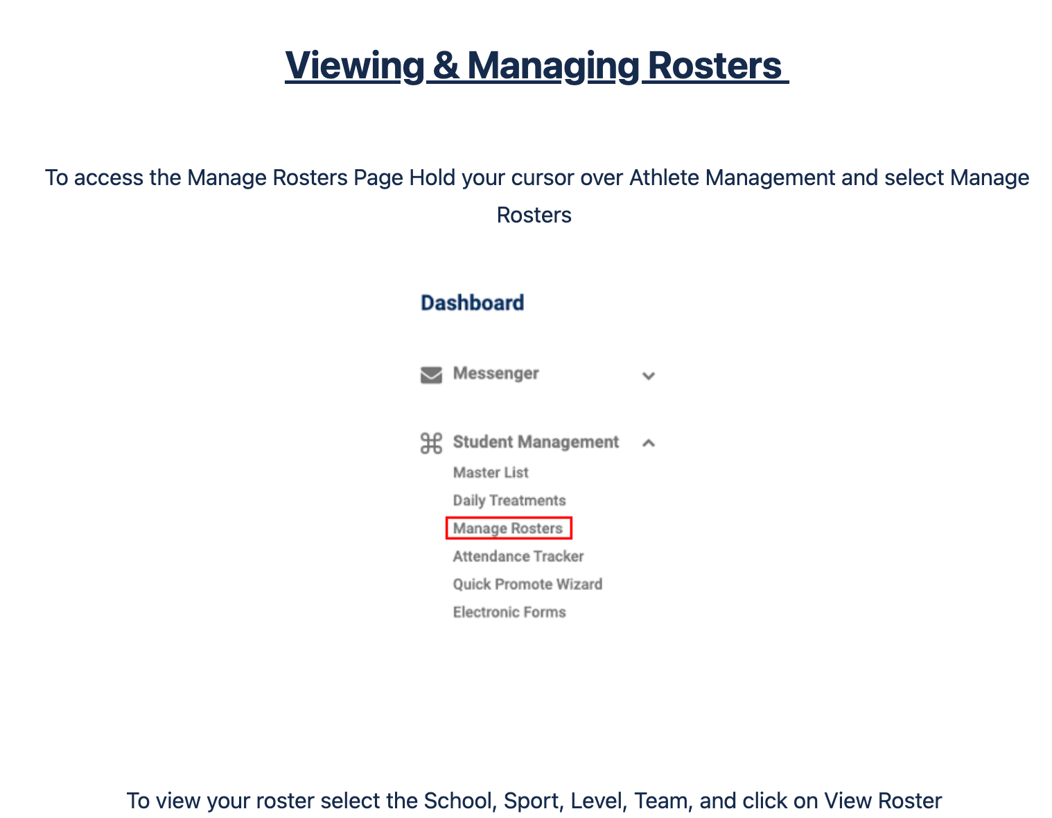 Dashboard navigation showing Student Management expanded with Manage Rosters highlighted