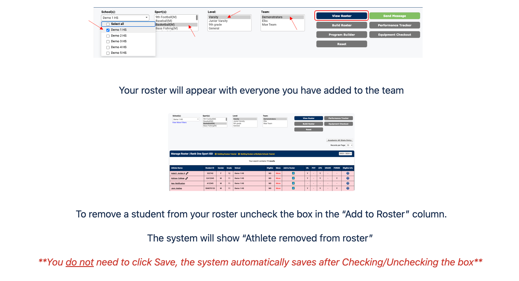 Roster filter dropdowns for School, Sport, Level, and Team with View Roster button, and the resulting roster table