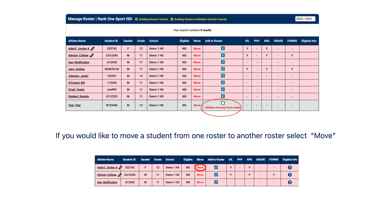 Roster table showing the Add to Roster checkbox unchecked and Athlete removed from roster message