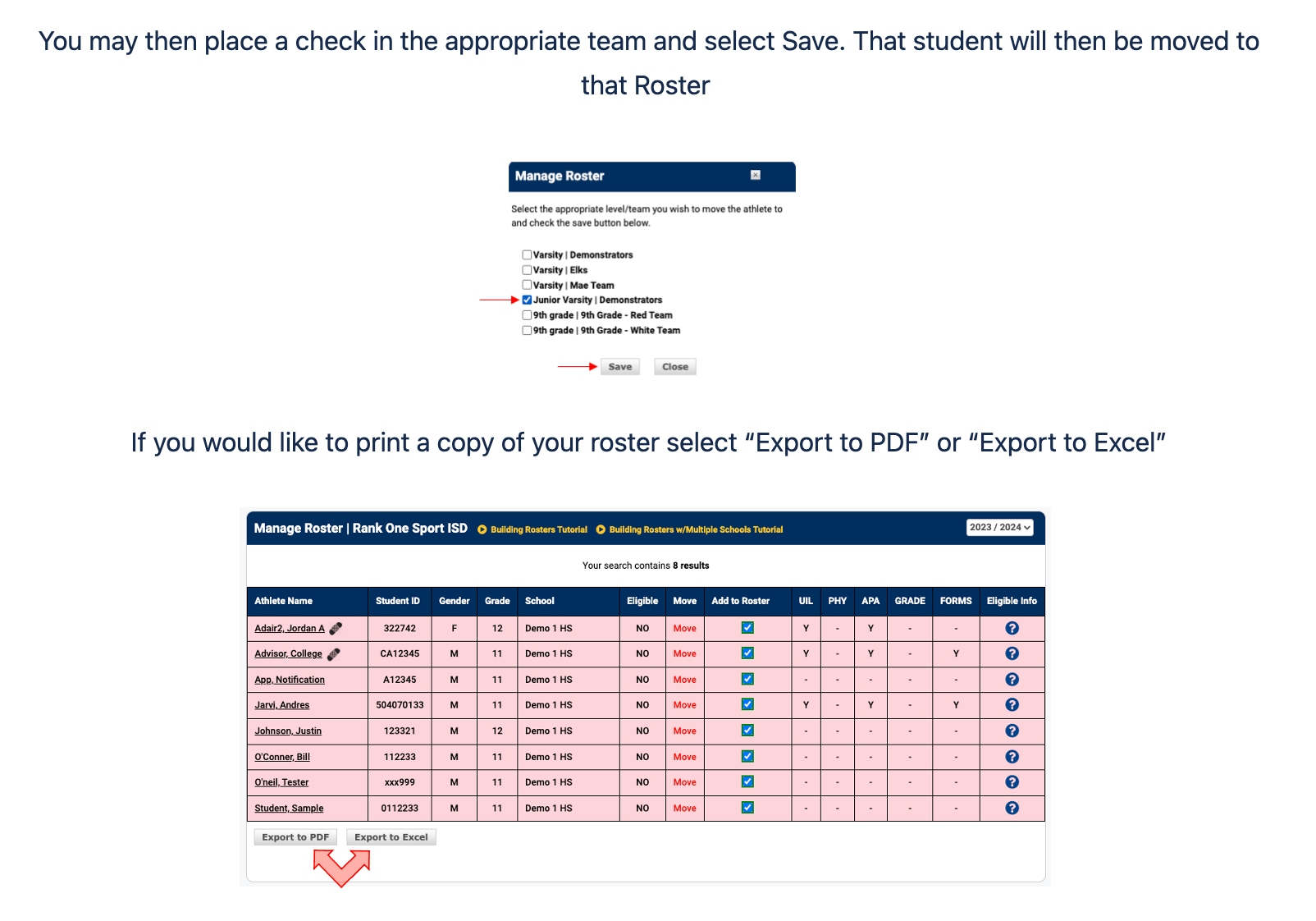 Manage Roster dialog showing team selection options with Save and Close buttons