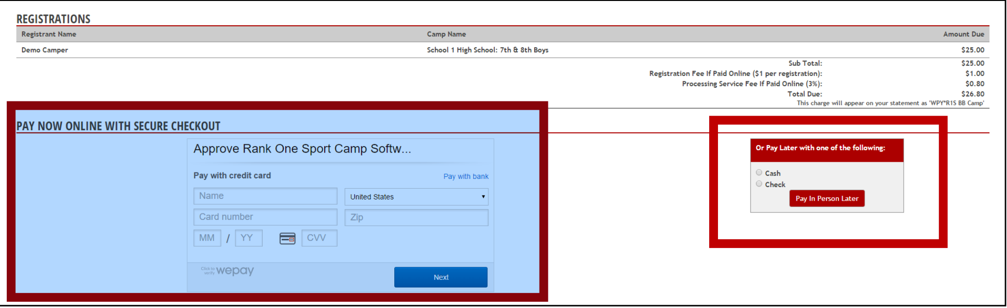 Payment options screen showing credit card and pay later choices