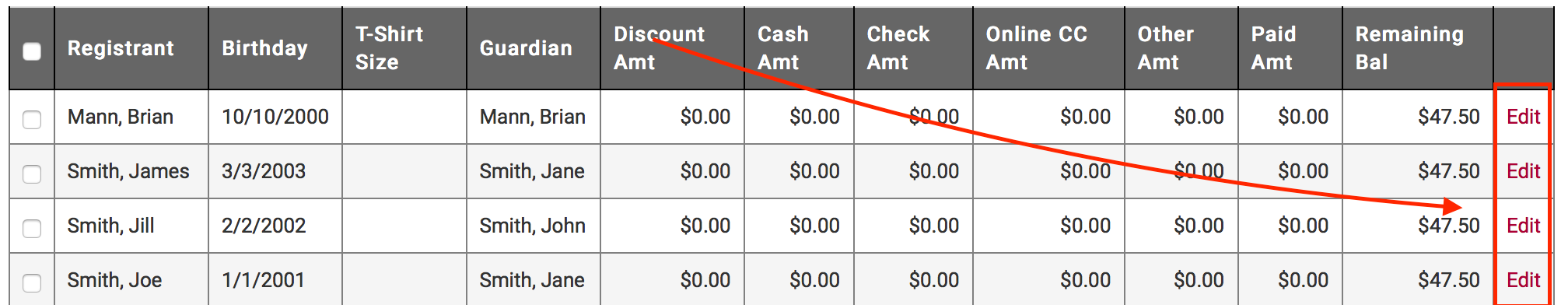List of registered campers with payment status