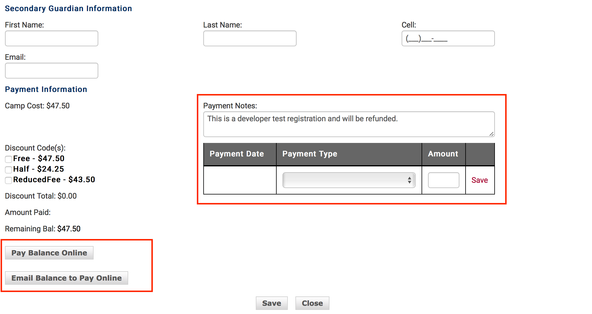 Payment tracking form with payment type options