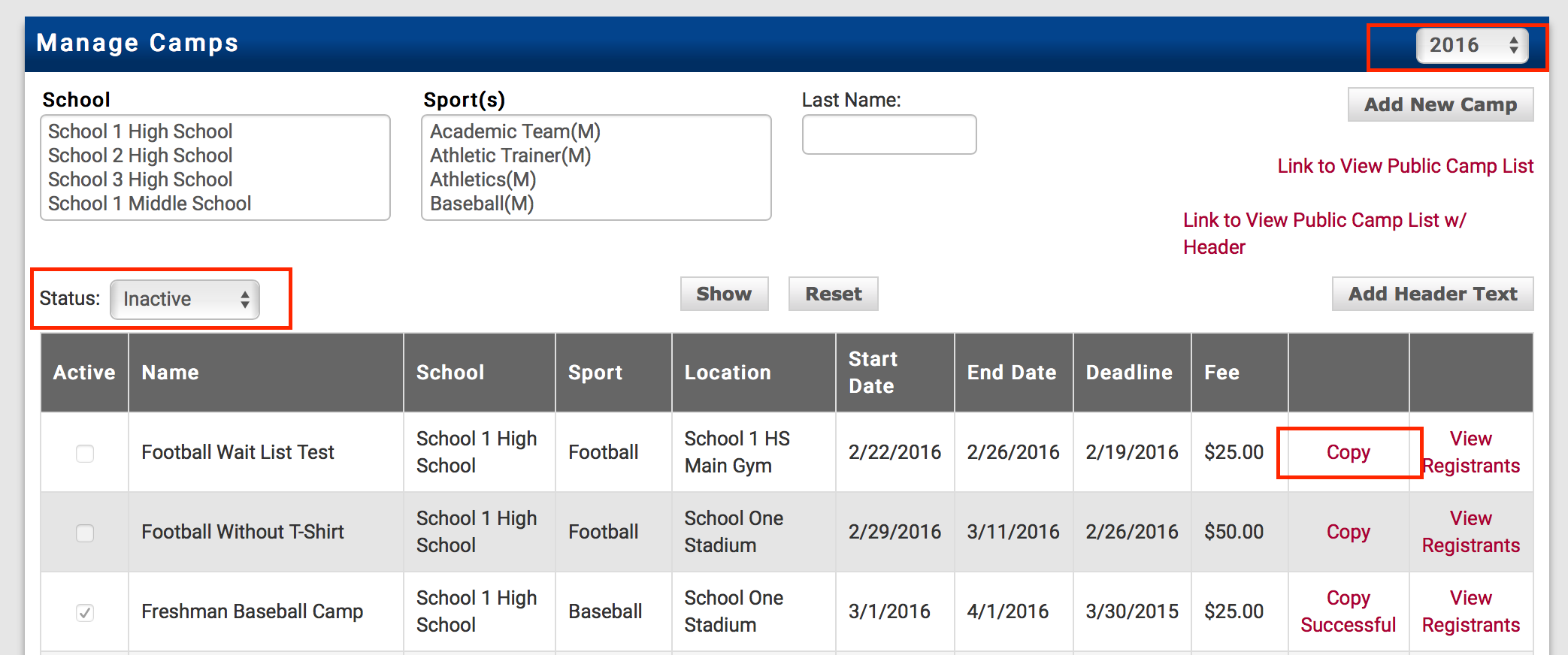 Manage Camps page showing previous year camps with Copy button