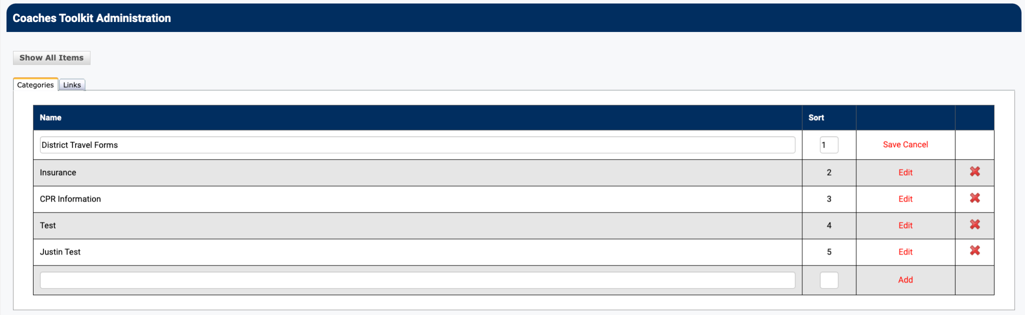 Coaches ToolKit categories setup page